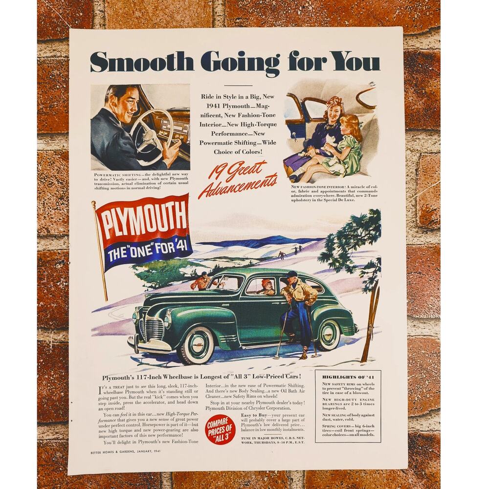 1941 Plymouth Print Ad - Green Sedan Winter Driving Scene "Smooth Going for You"